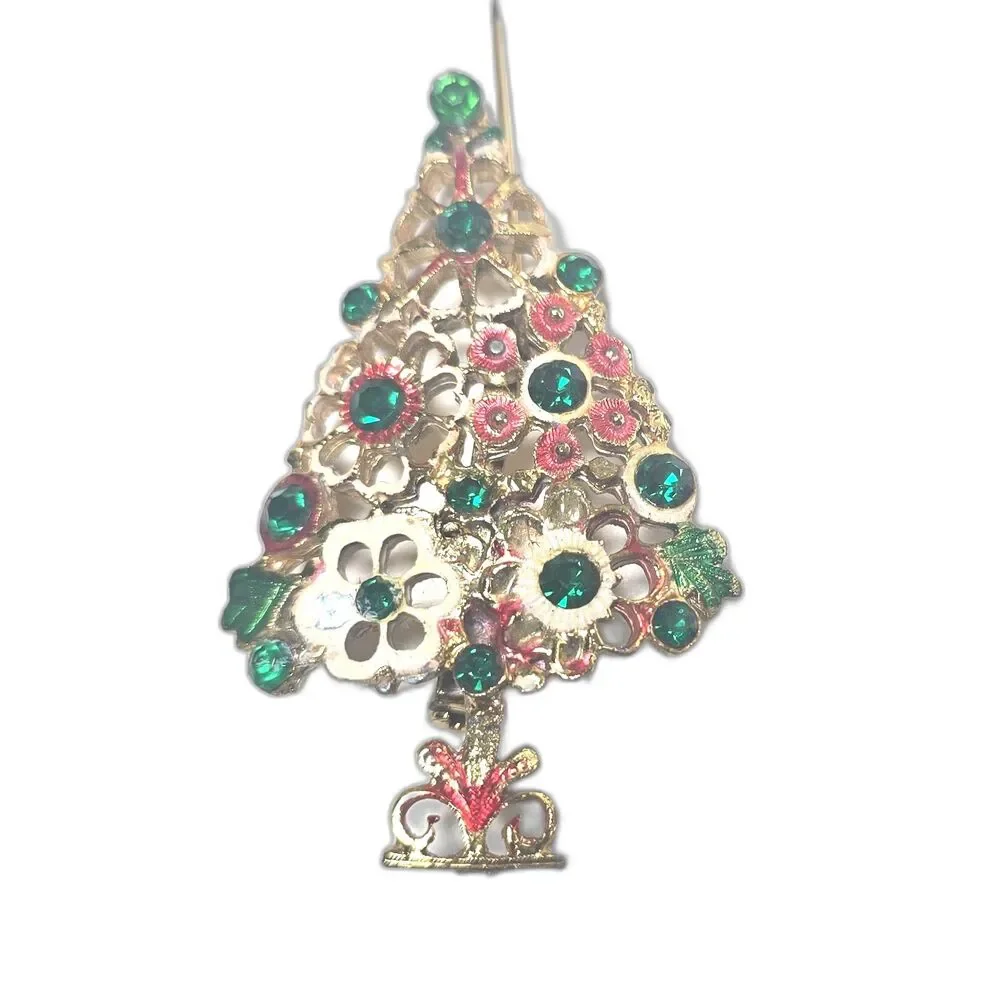 Vintage Rhinestone Christmas Tree Brooch Gold Tone Holiday Pin Enamel Gold Tone